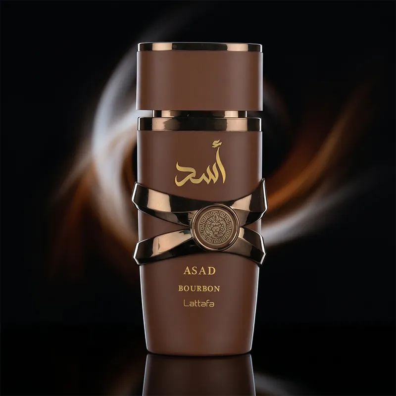 Lattafa Asad Bourbon unisex perfume bottle front view featuring rich vanilla and cacao fragrance notes.