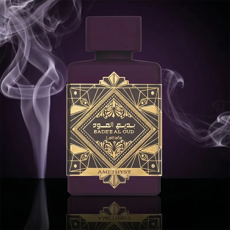 Front view of Bade'e Al Oud Amethyst 100ml bottle featuring intricate gold geometry and rose oud notes.