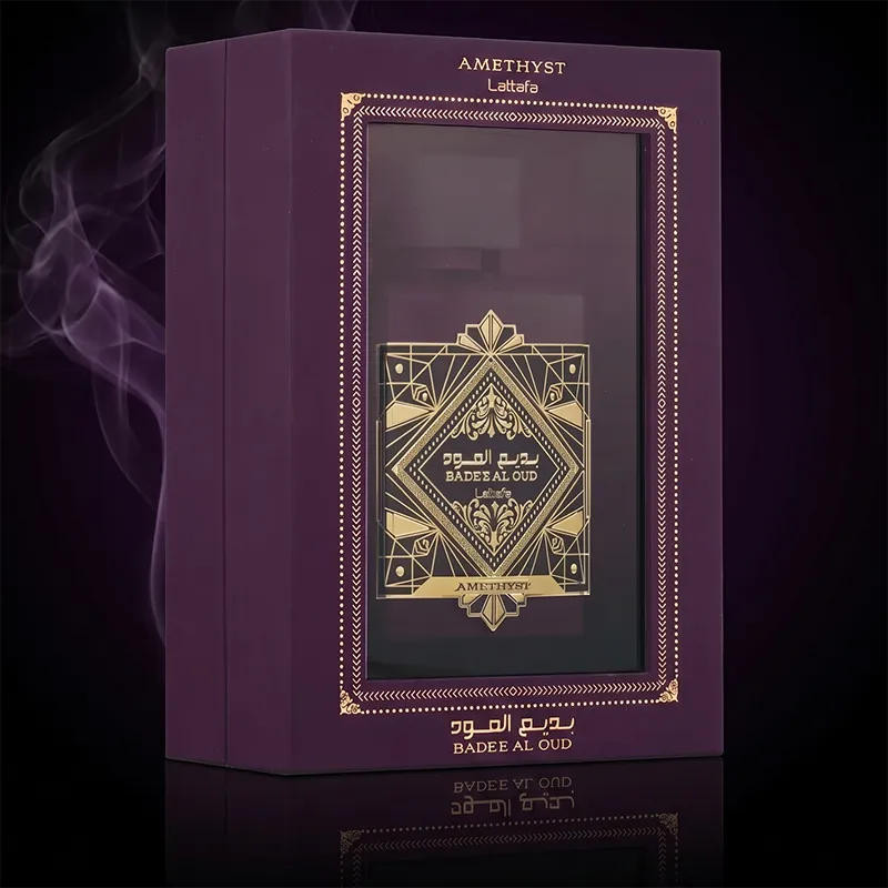 Lattafa Bade'e Al Oud Amethyst unisex perfume in premium purple and gold display packaging.