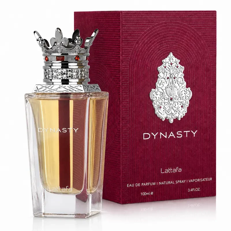 Lattafa Dynasty bottle and red box shown together against a white background