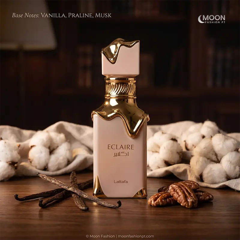 Deep base notes of Lattafa Eclaire women fragrance with vanilla pods, nutty praline, and velvety musk.