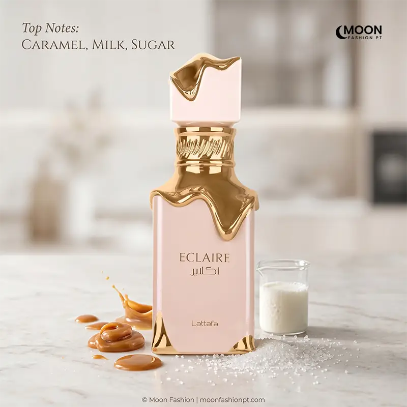 Lattafa Eclaire women perfume top notes featuring creamy caramel, sweet milk, and sugar accord for gourmand lovers.