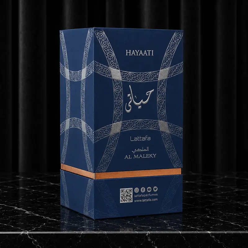 Deep blue presentation box showing decorative patterns and refined packaging craftsmanship