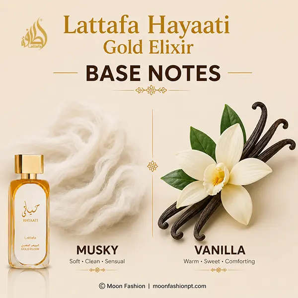Musky vanilla foundation creating a smooth warm finish in Lattafa Hayaati Gold Elixir fragrance