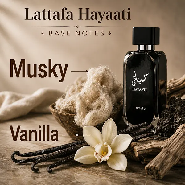 Musky vanilla foundation displaying the smooth base accord profile of Lattafa Hayaati