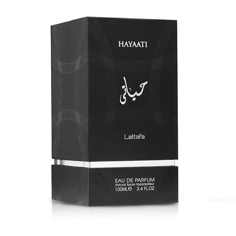 Hayaati presentation box displaying refined black packaging details crafted for the Lattafa fragrance line