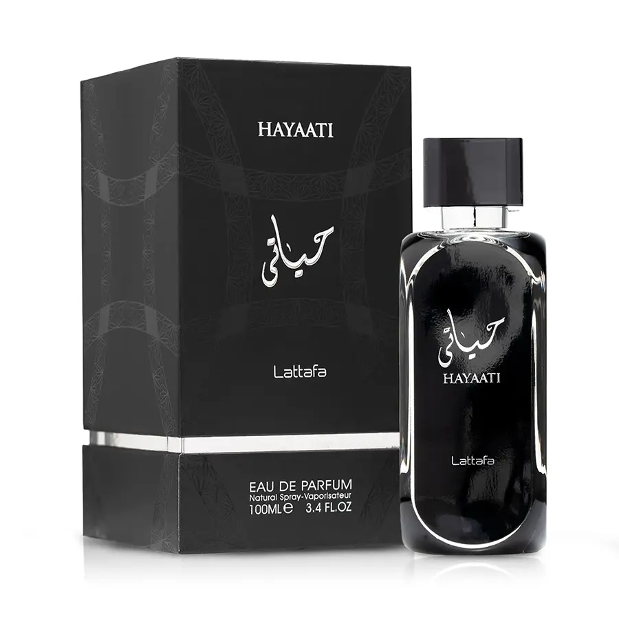 Elegant bottle and box presentation highlighting Lattafa Hayaati Eau de Parfum in 100ml format