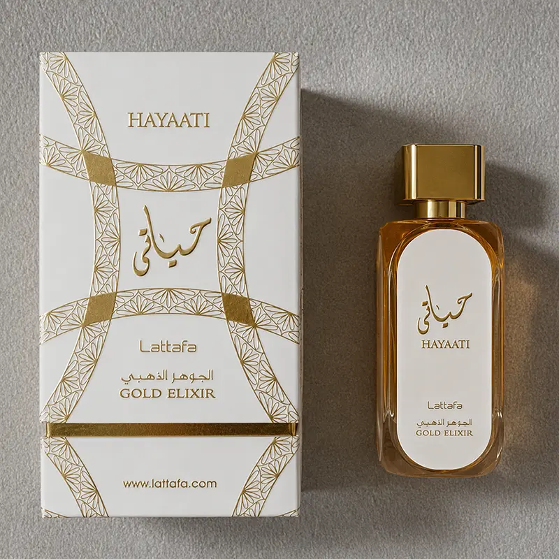 Showcasing the intricate gold packaging pattern and refined bottle arrangement of Hayaati Gold Elixir