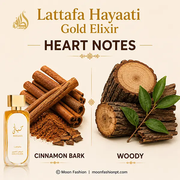 Lattafa Hayaati heart composition highlighting cinnamon bark and woody aromatic accords