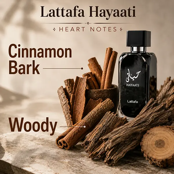 Warm fragrance accords featuring cinnamon bark and woody elements within the Hayaati scent structure