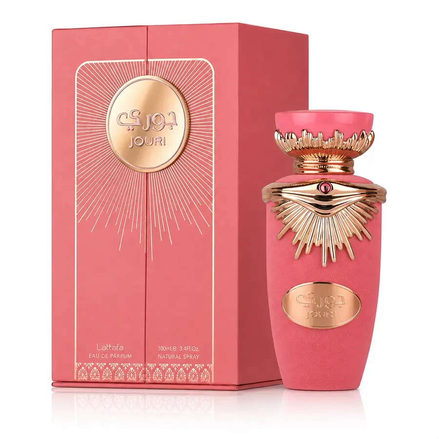 Lattafa Jouri pink perfume bottle and coral presentation box displayed together against white.