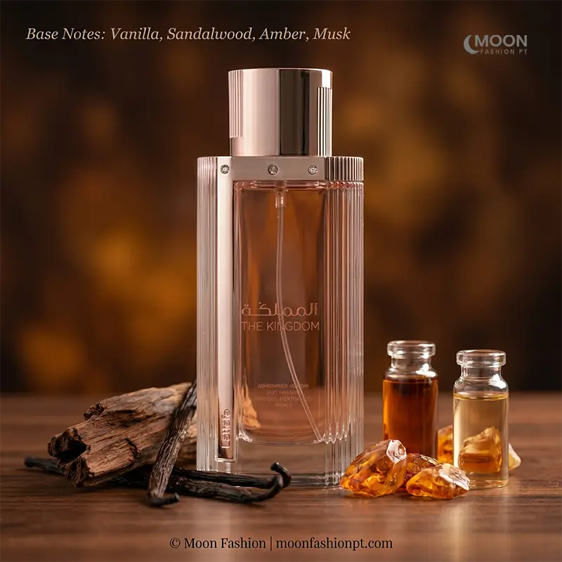 Warm base notes of vanilla, sandalwood, amber, and musk in Lattafa Kingdom Women's long-lasting perfume.