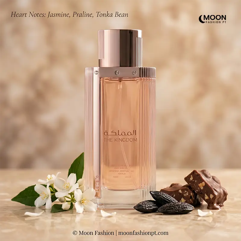 Heart notes of jasmine, praline, and tonka bean for the sophisticated Lattafa Kingdom Women fragrance.