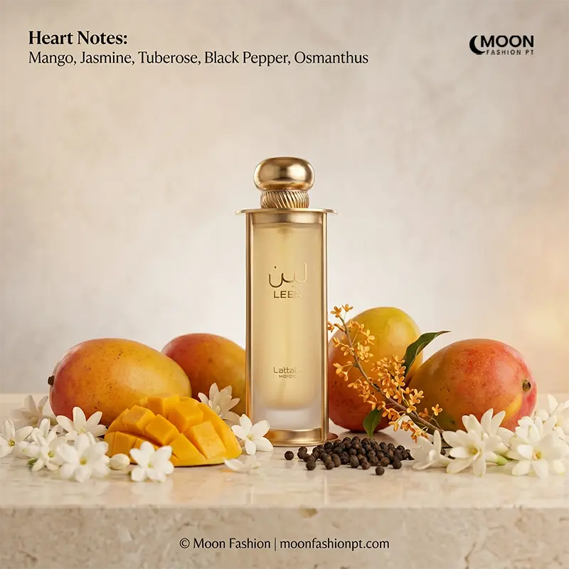 Lattafa Leen heart notes for men and women featuring mango, jasmine, and tuberose floral accents.