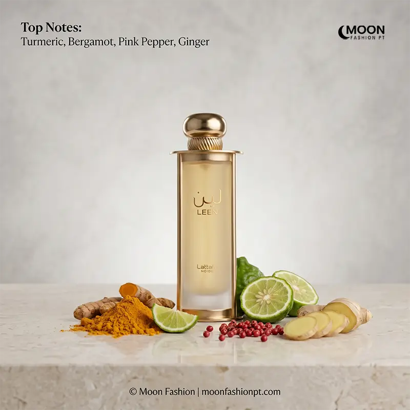 Fresh top notes of Lattafa Leen perfume for men and women with turmeric, ginger, and bergamot citrus.