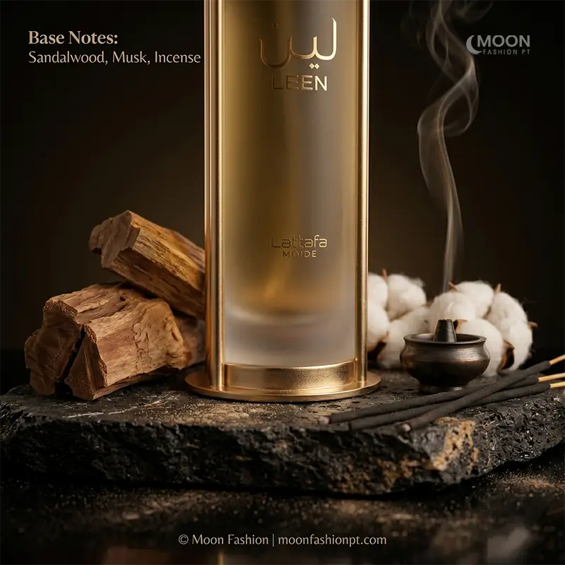 Lattafa Leen fragrance for men and women base notes: sandalwood, musk, and incense for a rich oriental trail.