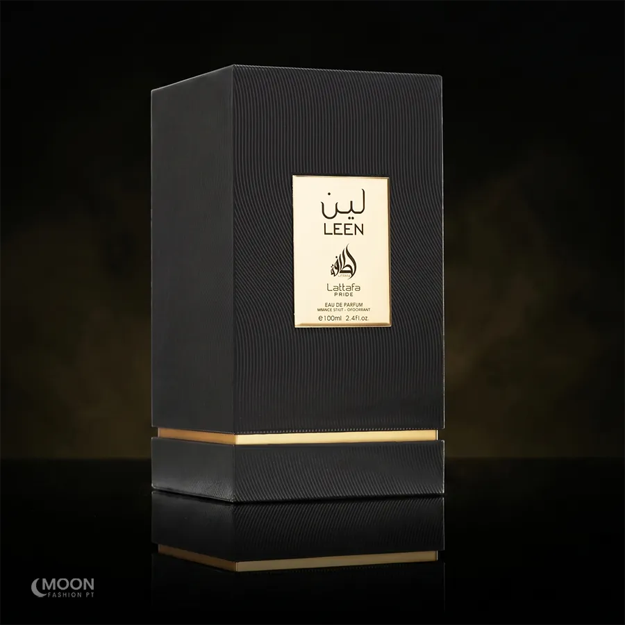 Luxury black and gold packaging for Lattafa Leen 100ml oriental-fruity fragrance for men and women.