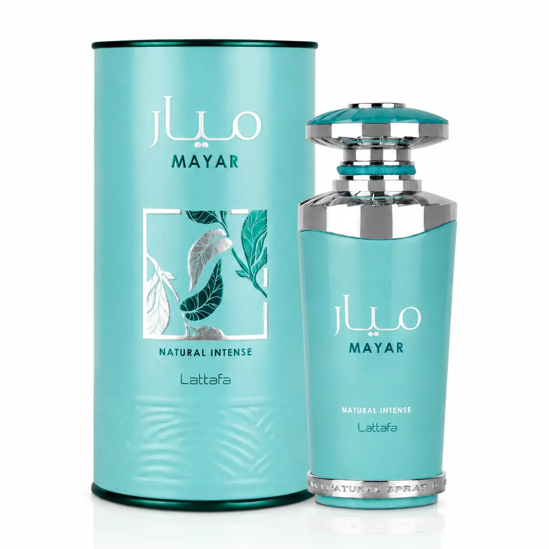 Lattafa Mayar Natural Intense bottle beside its turquoise cylindrical box on a white background