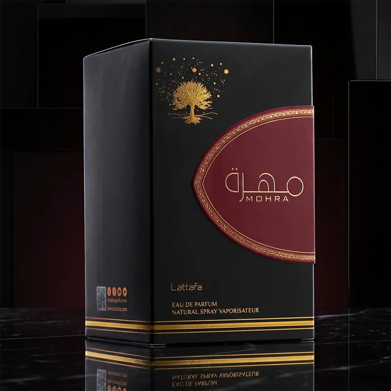 Official packaging box of Lattafa Mohra Eau de Parfum highlighting authentic Middle Eastern luxury details.
