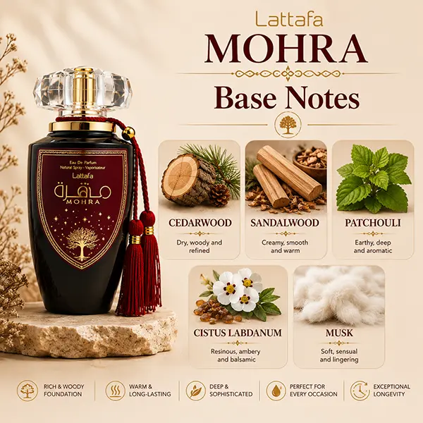 Base notes of Lattafa Mohra Unisex EDP featuring cedarwood, sandalwood, patchouli, and musk for a warm finish.