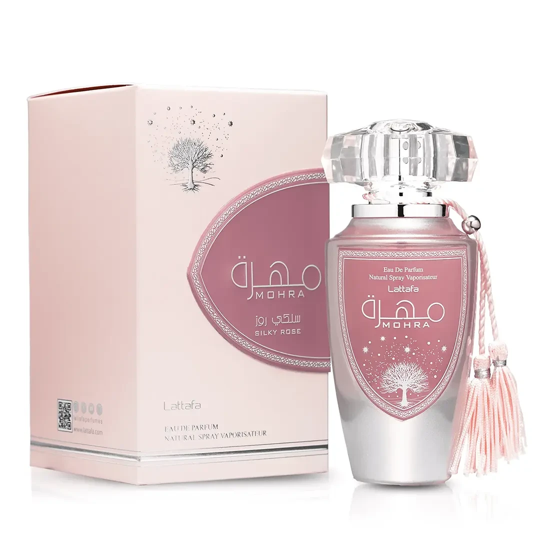 Lattafa Mohra Silky Rose 100ml eau de parfum with its authentic branded pink box against a clean background.