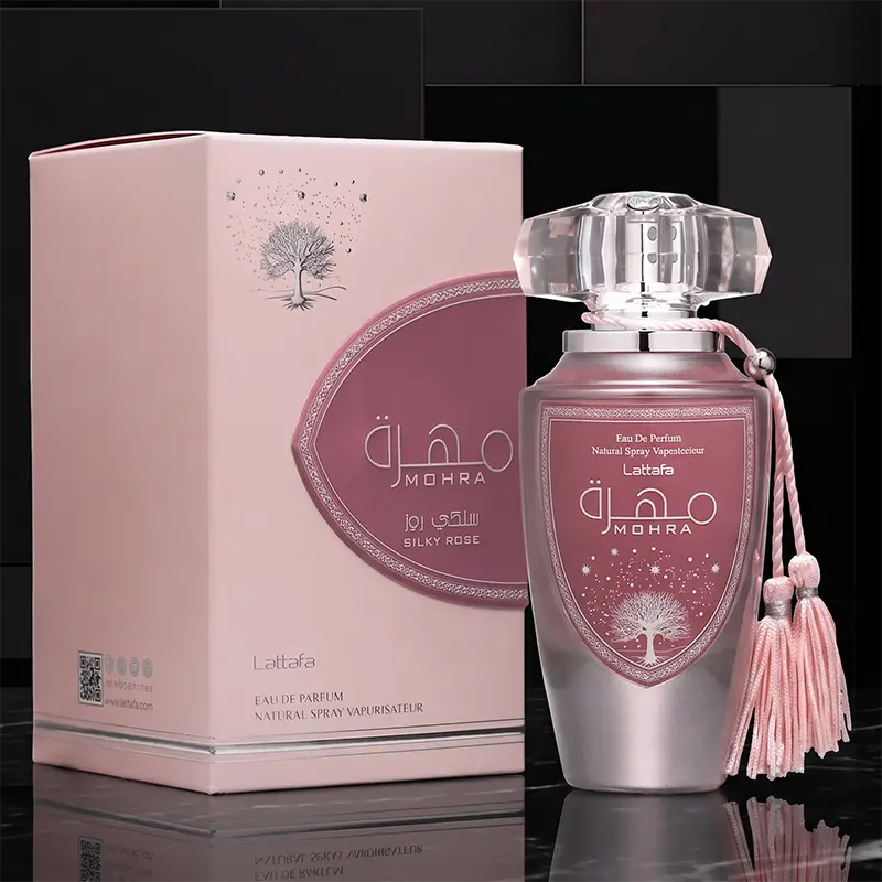 Authentic luxury packaging and intricate bottle design of the Lattafa Mohra Silky Rose women's eau de parfum.