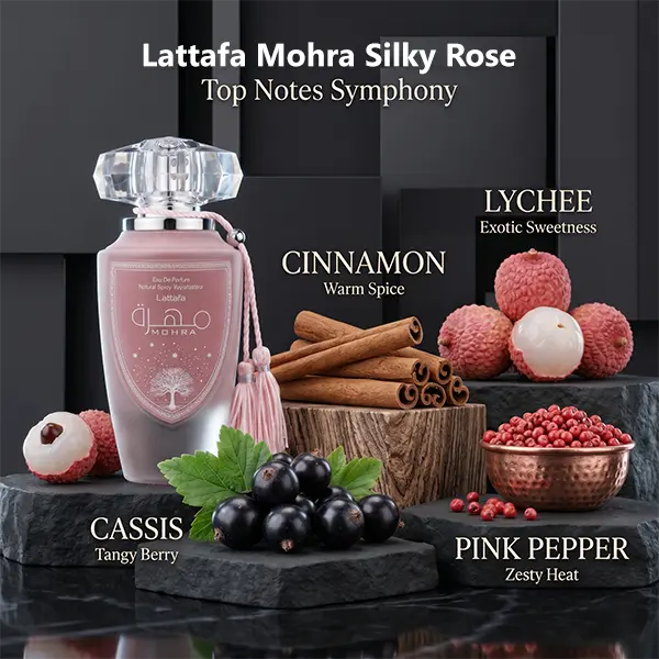 Top notes olfactory profile of Lattafa Mohra Silky Rose showcasing lychee, cinnamon, cassis, and pink pepper accords.