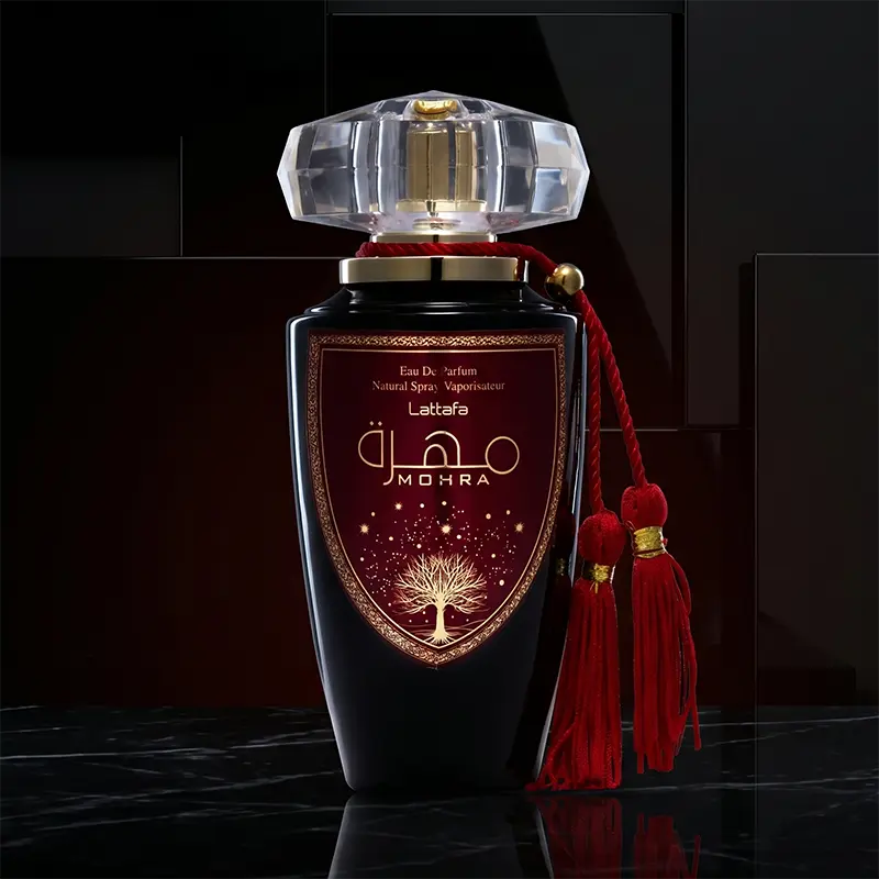 Front close-up of the elegant 100ml Lattafa Mohra Unisex Eau de Parfum bottle showcasing luxury Arabian design.