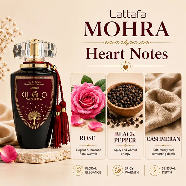 Heart notes of Lattafa Mohra featuring elegant rose, spicy black pepper, and soft cashmeran for sensual depth.