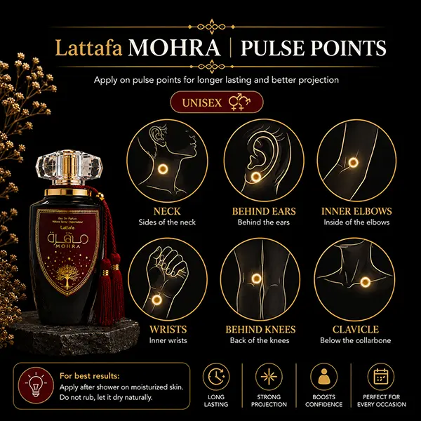 Guide on applying Lattafa Mohra on pulse points like neck and wrists for long-lasting fragrance projection.