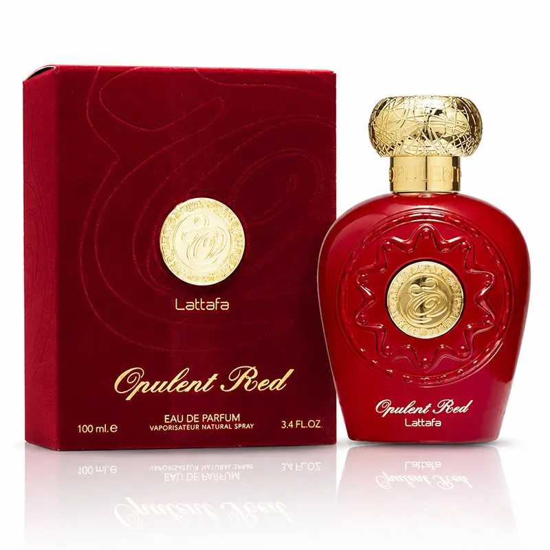 Lattafa Opulent Red Eau de Parfum bottle and box showcasing its sleek red and gold design against a dark backdrop.