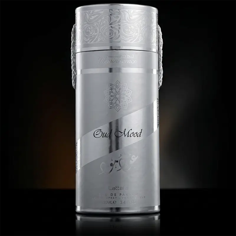 Original Lattafa Oud Mood Reminiscence men's perfume in its iconic silver cylindrical packaging for authentic luxury.