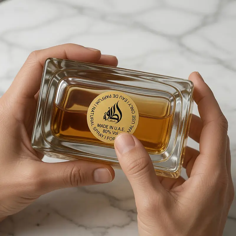 Close-up of the Lattafa Oud Mood unisex perfume base label confirming "Made in U.A.E." for authenticity.
