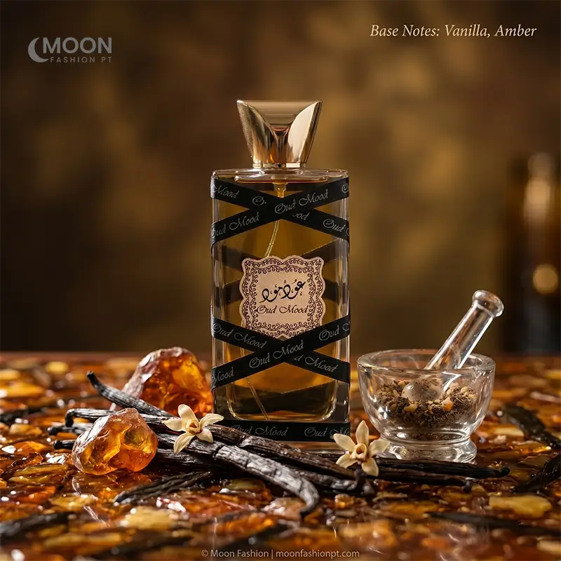 Lattafa Oud Mood unisex perfume base notes featuring rich vanilla beans, amber resin, and floral essence.