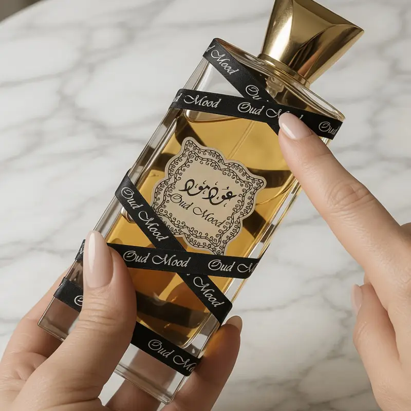 Hands holding Lattafa Oud Mood 100ml unisex fragrance bottle showcasing the decorative black ribbon design.