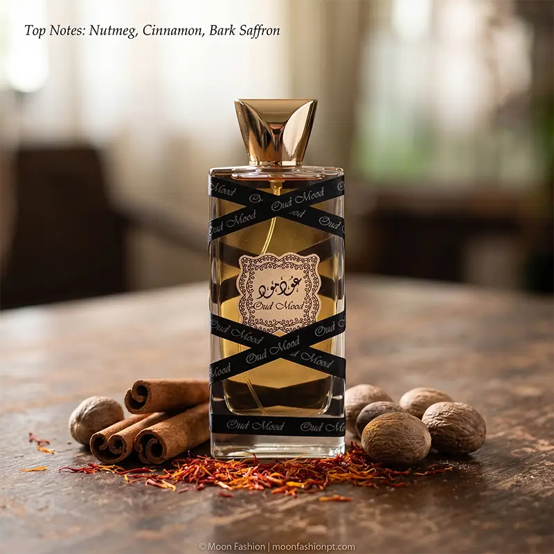 Lattafa Oud Mood unisex fragrance top notes including spicy nutmeg, cinnamon sticks, and bark saffron.