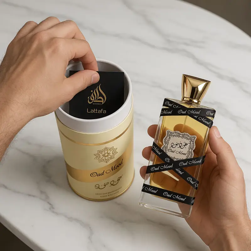Unboxing Lattafa Oud Mood unisex perfume on marble surface, showing the brand authenticity card and gold cap.