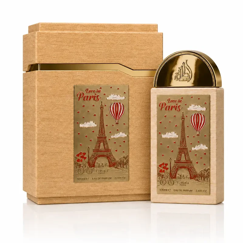 Lattafa Pride Love In Paris 100ml bottle beside its matching presentation box