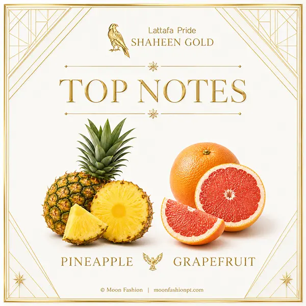 Shaheen Gold top notes card with pineapple and grapefruit on a white and gold design