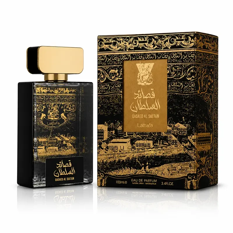 Luxury presentation of Lattafa Qasaed Al Sultan parfum bottle and box for premium fragrance collectors.