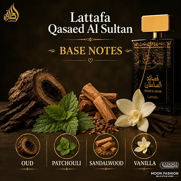 Rich base notes of Lattafa Qasaed Al Sultan highlighting authentic oud, patchouli, sandalwood, and sweet vanilla.