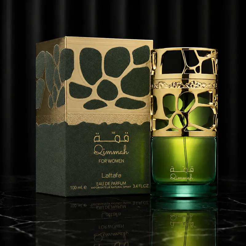 Angled view of Lattafa Qimmah For Women box and green bottle