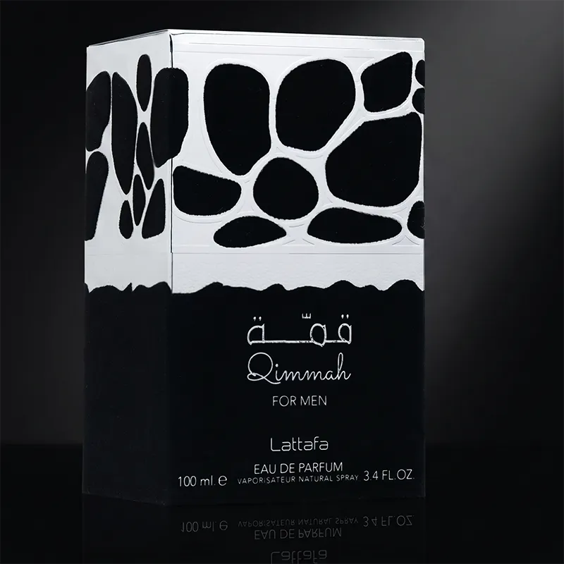 Original black and silver packaging for Lattafa Qimmah for Men, authentic Arabic fragrance for men.