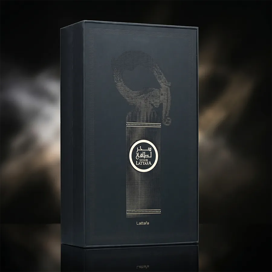 Elegant black and gold packaging of Lattafa Sehr unisex Eau de Parfum ensuring original formulation and EU quality.