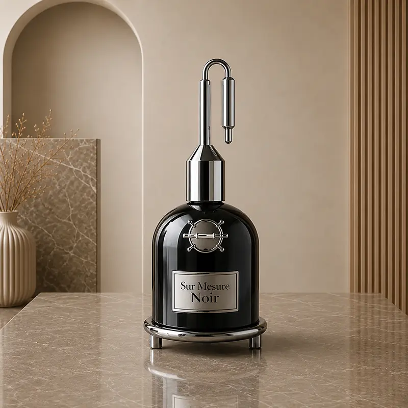 Sur Mesure Noir black bottle displayed on a marble surface in a warm beige interior.