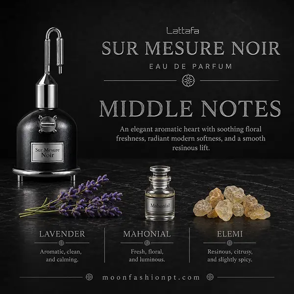 Middle-note graphic for Sur Mesure Noir with lavender, Mahonial and elemi arranged beside the bottle.