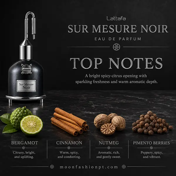 Top-note graphic for Sur Mesure Noir featuring bergamot, cinnamon, nutmeg and pimento berries.