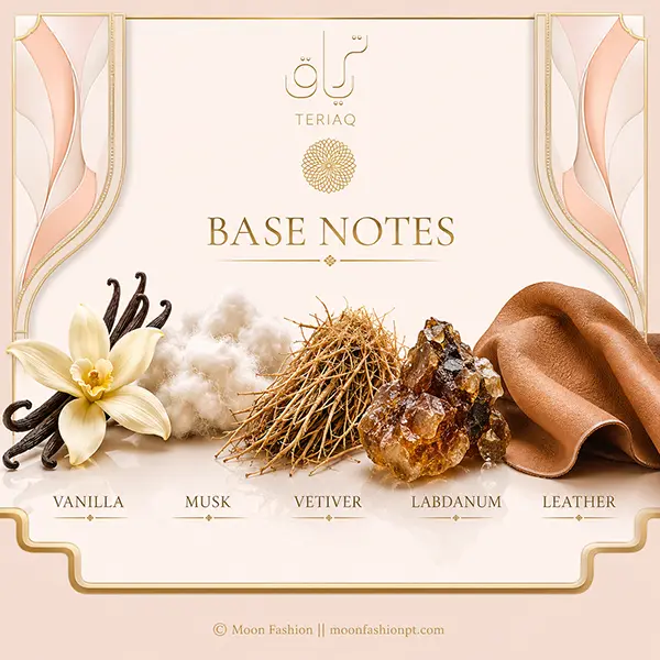 Vanilla, musk, vetiver, labdanum and leather arranged for Teriaq base notes