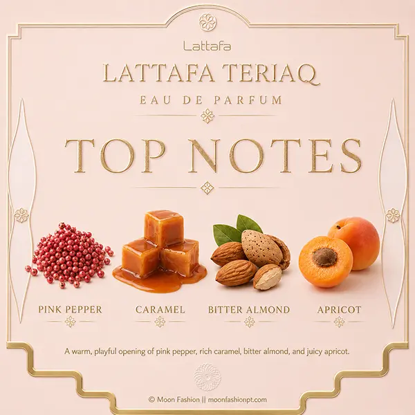 Pink pepper, caramel, bitter almond and apricot shown as Teriaq top notes