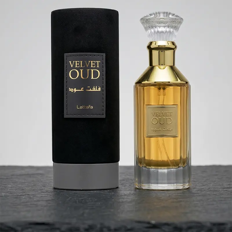 Complete premium presentation of the best Lattafa perfumes bottle alongside its authentic suede box.